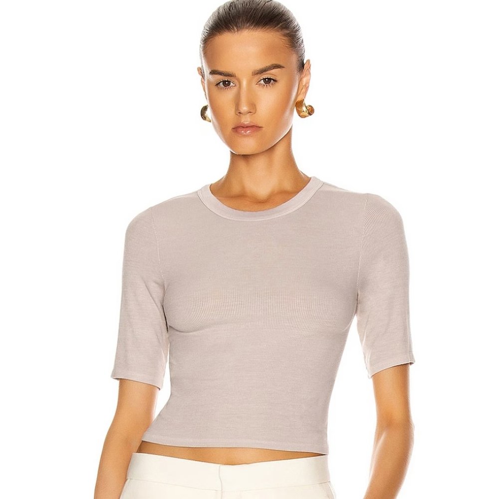 Enza Costa Silk Rib Cropped Half Sleeve Crew Tee  - XS Silver